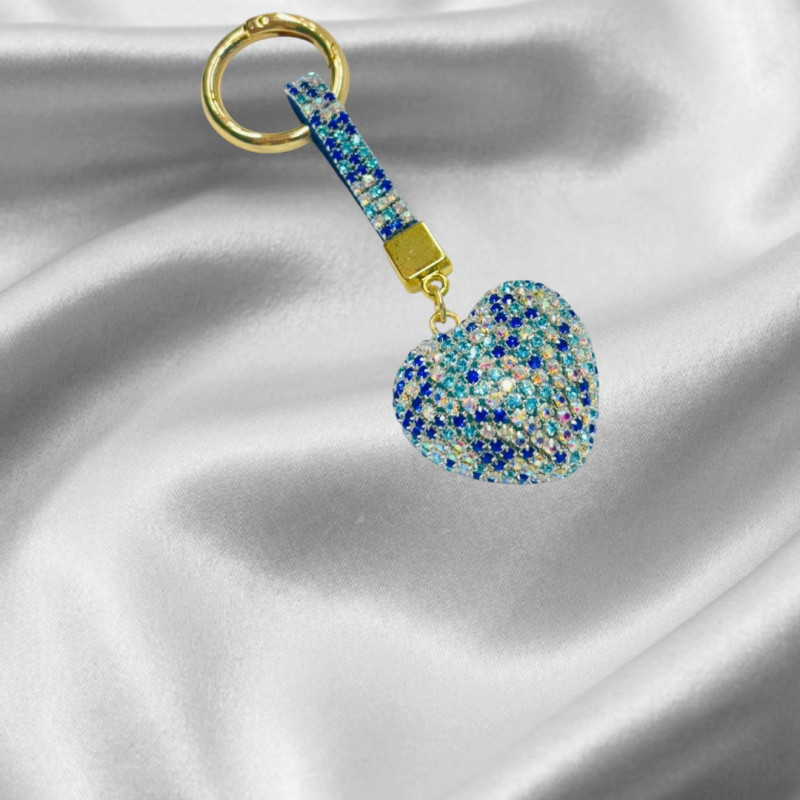 Heart Shaped Keychain Rhinestone and Gold Tone Clasp (Blue)