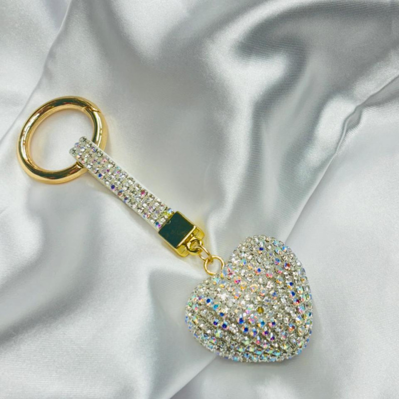 Heart Shaped Keychain Rhinestone and Gold Tone Clasp (White)