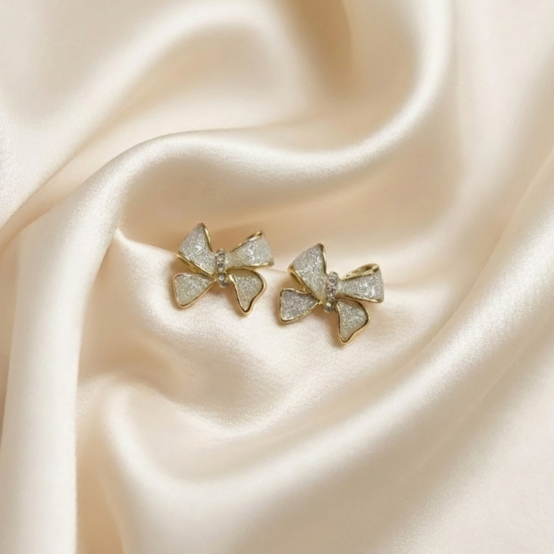 Glittering Gold Enamel Bow Stud Earrings