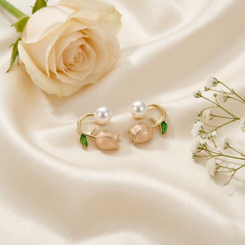 Elegant Pearl Tulip Gold Stud Earrings