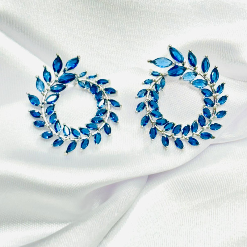 Blue Rhinestone Leaf Earrings