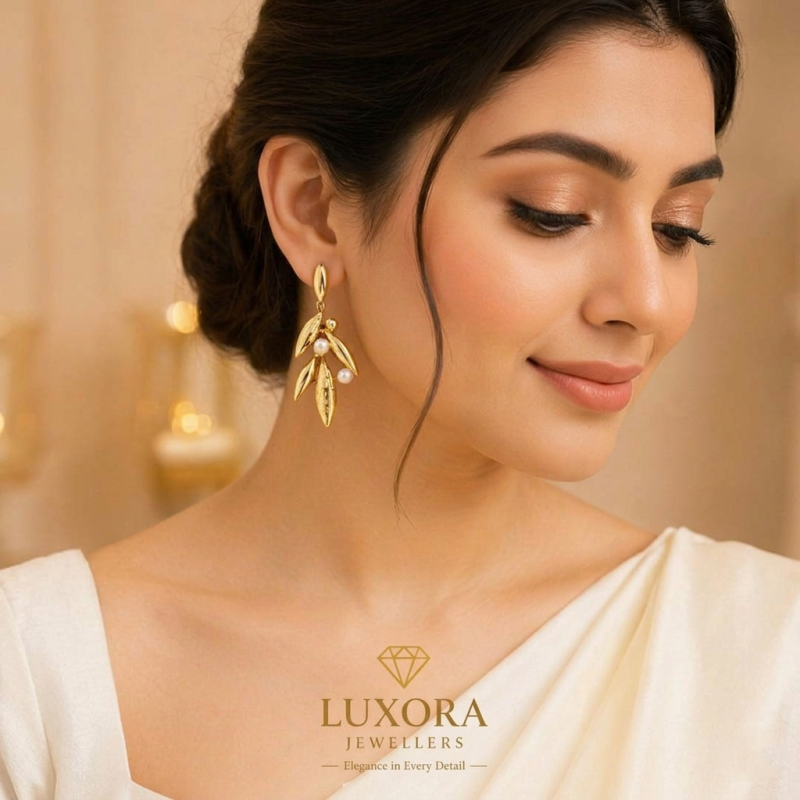 Elegant Gold Leaf Pearl Long Earrings