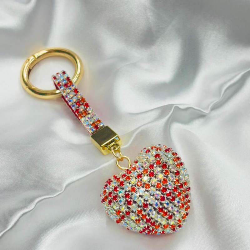 Heart Shaped Keychain Rhinestone and Gold Tone Clasp (Red)