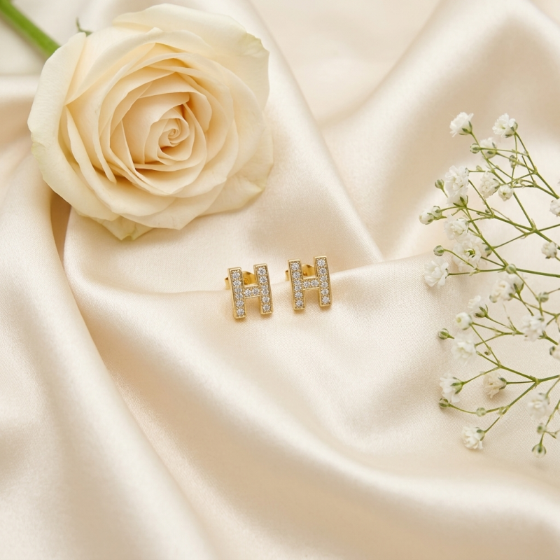 Crystal Initial H Gold Stud Earrings