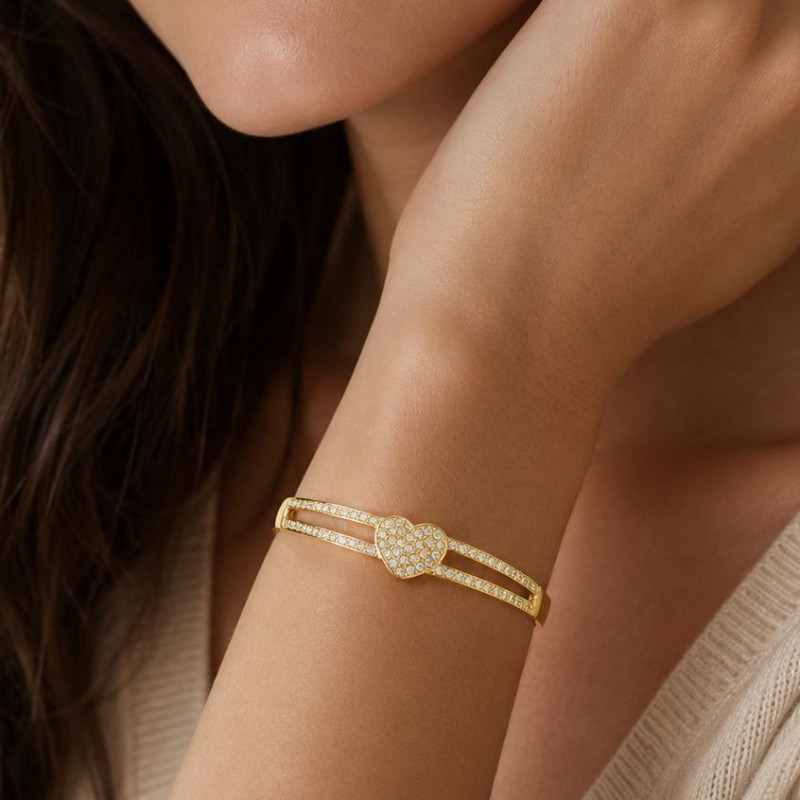 Two Line Diamond Heart Bangle Bracelet