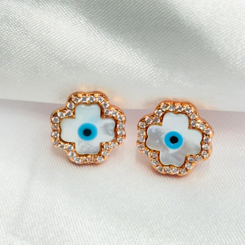 Rose Gold Mother of Pearl Evil Eye Earrings