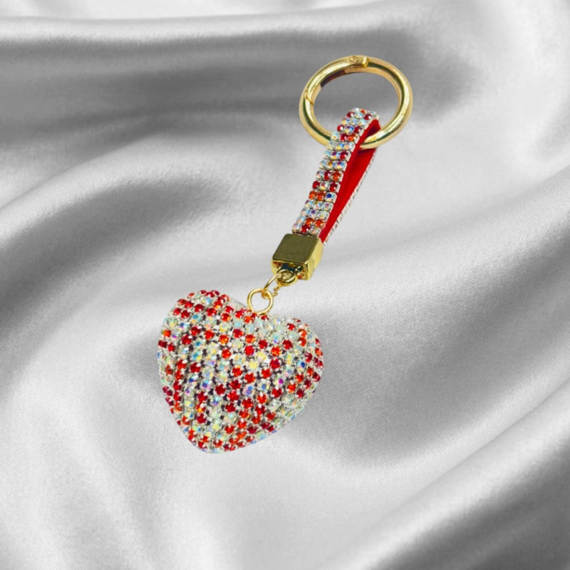 Heart Shaped Keychain Rhinestone and Gold Tone Clasp (Red)