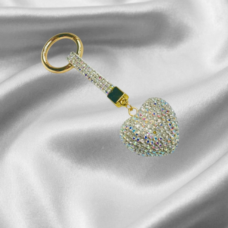 Heart Shaped Keychain Rhinestone and Gold Tone Clasp (White)