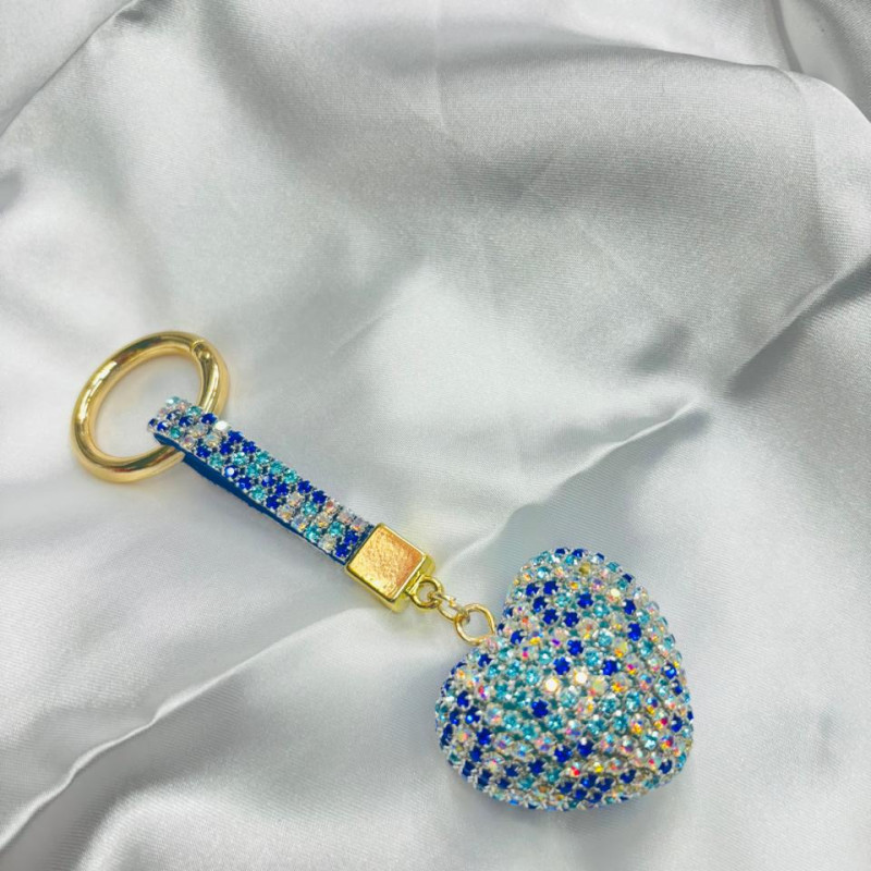 Heart Shaped Keychain Rhinestone and Gold Tone Clasp (Blue)