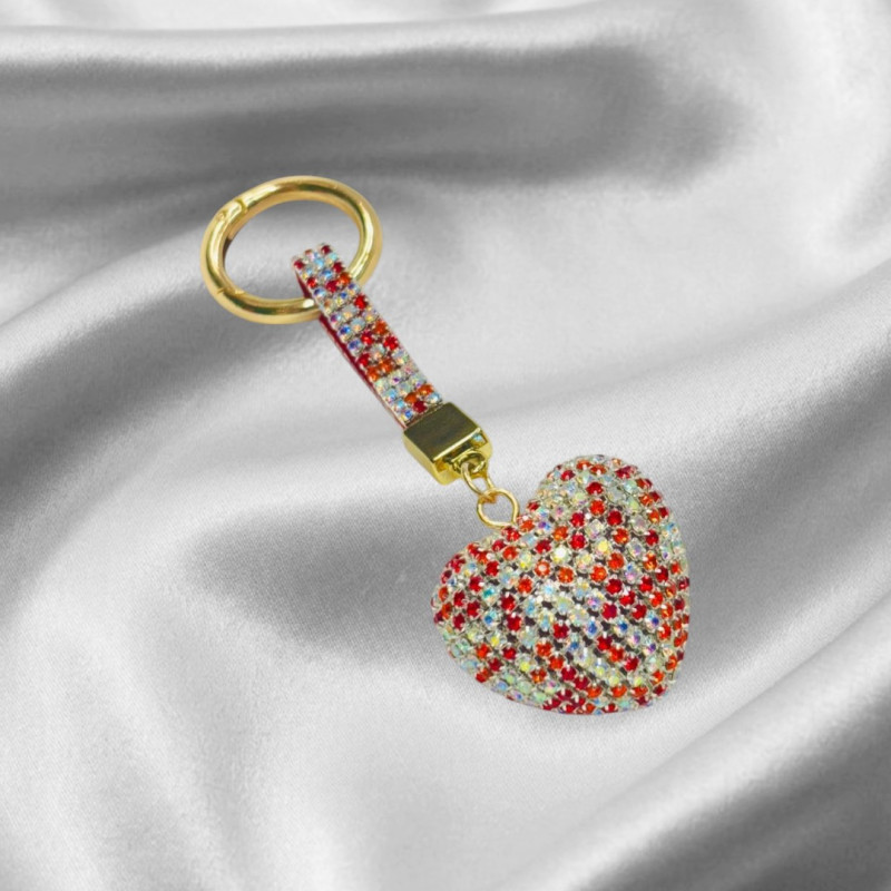 Heart Shaped Keychain Rhinestone and Gold Tone Clasp (Red)