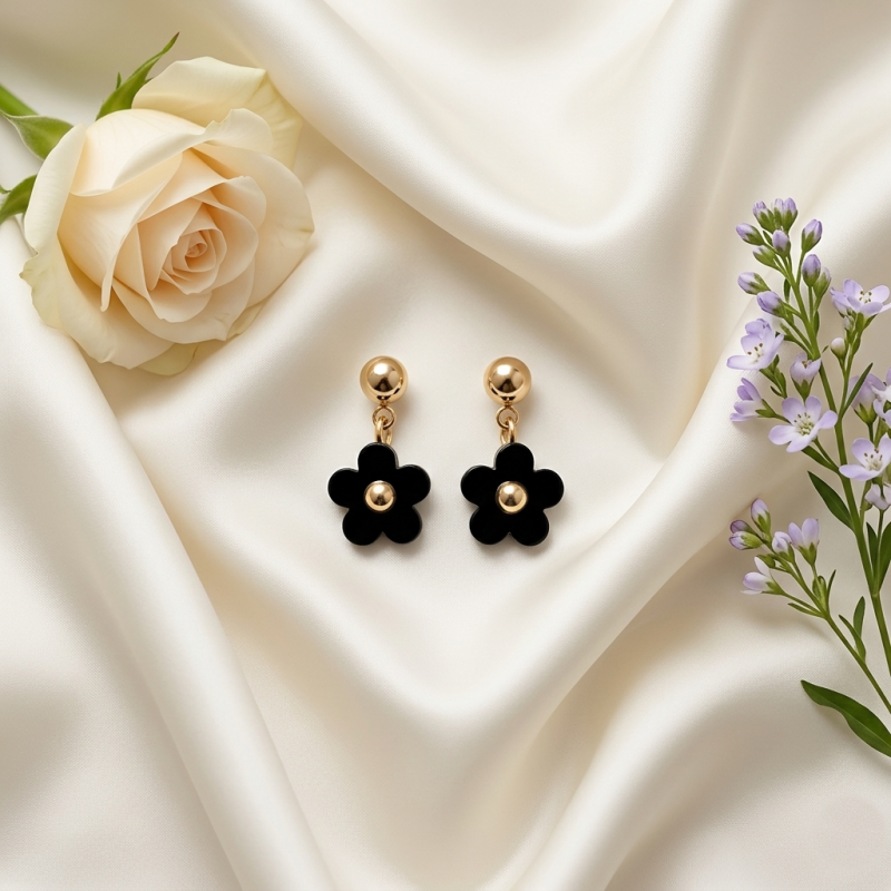 Chic Black Floral Drop Earrings