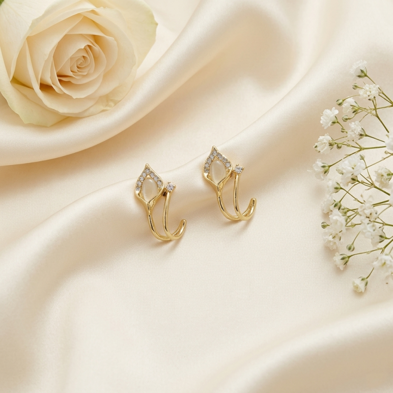 Korean Leaf Crystal Hoop Earrings