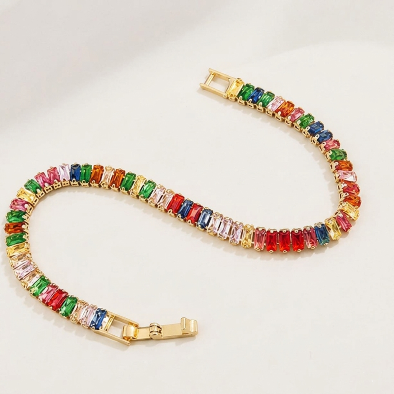 Vibrant Rainbow Baguette Tennis Bracelet