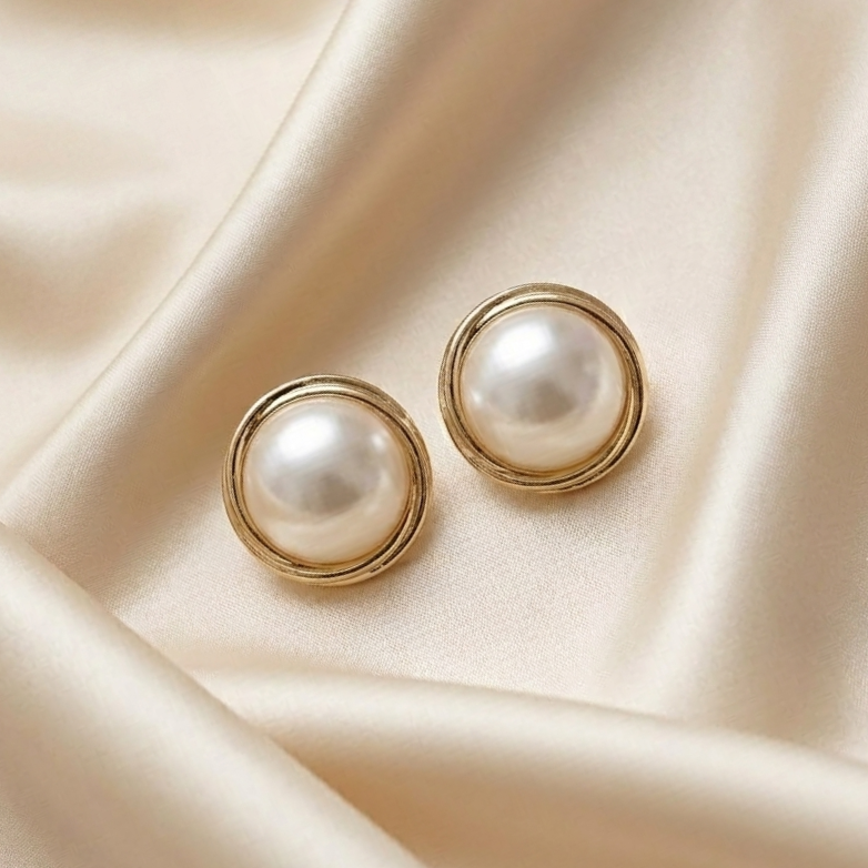 Gilded Vintage Pearl Button Earrings