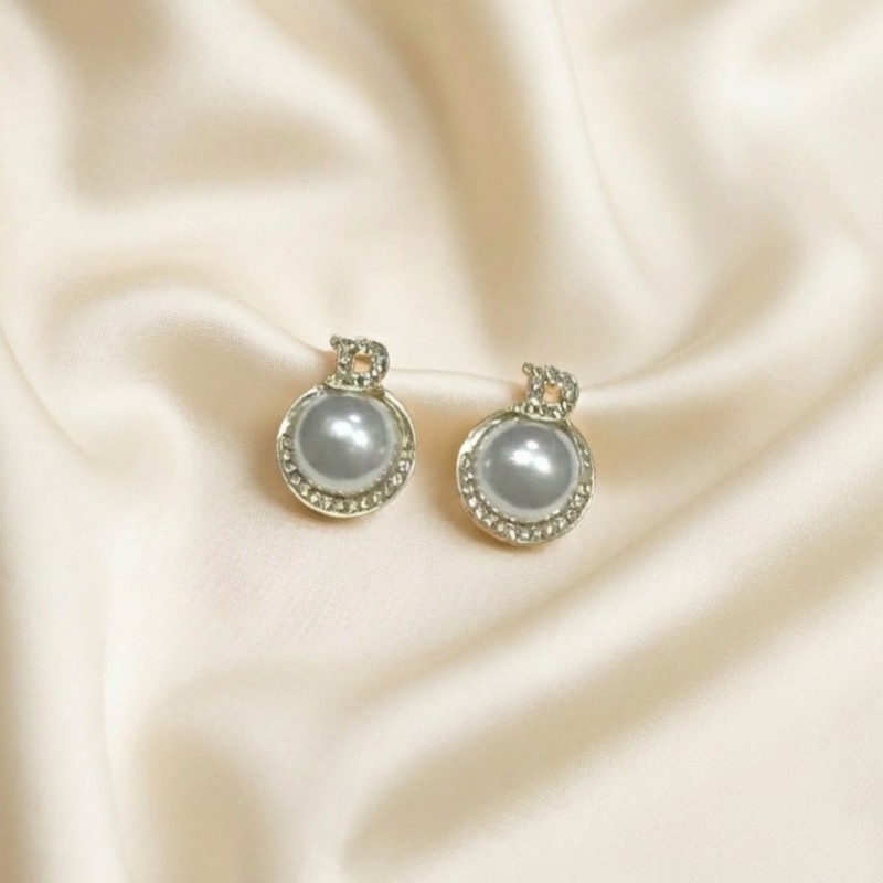 Crystal Initial D Pearl Halo Stud Earrings