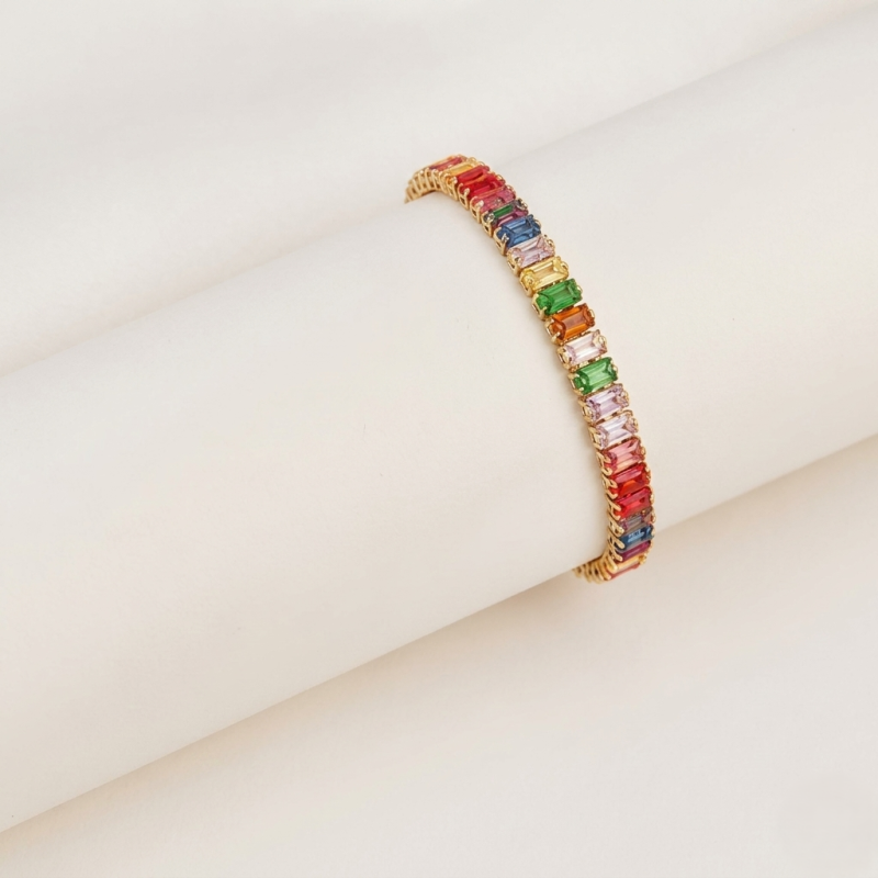 Vibrant Rainbow Baguette Tennis Bracelet