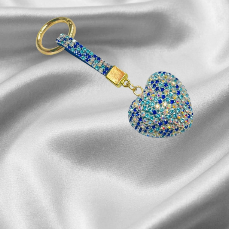 Heart Shaped Keychain Rhinestone and Gold Tone Clasp (Blue)