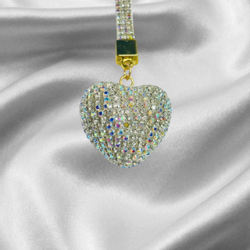 Heart Shaped Keychain Rhinestone and Gold Tone Clasp (White)