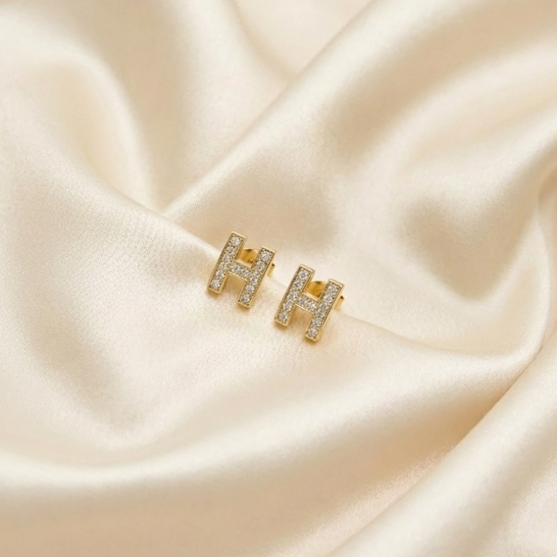 Crystal Initial H Gold Stud Earrings