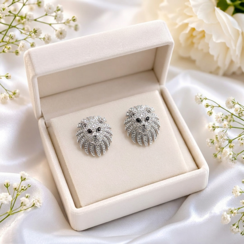 Fierce Sparkling Lion Head Studs