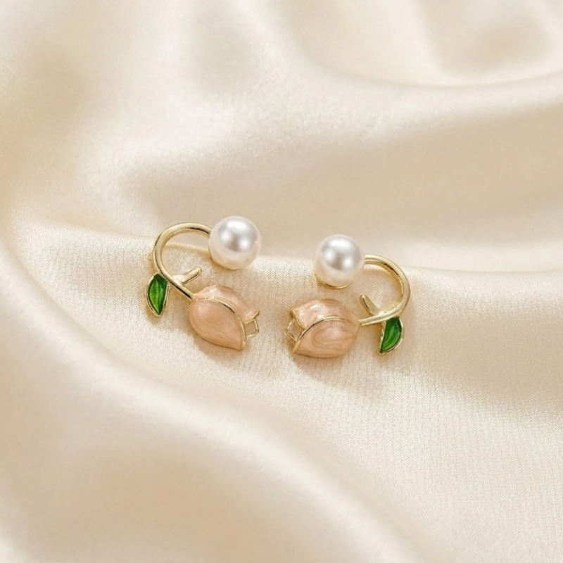 Elegant Pearl Tulip Gold Stud Earrings