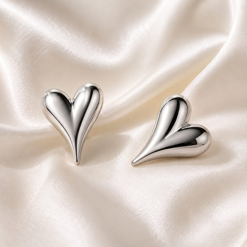 Sculpted Silver Heart Stud Earrings