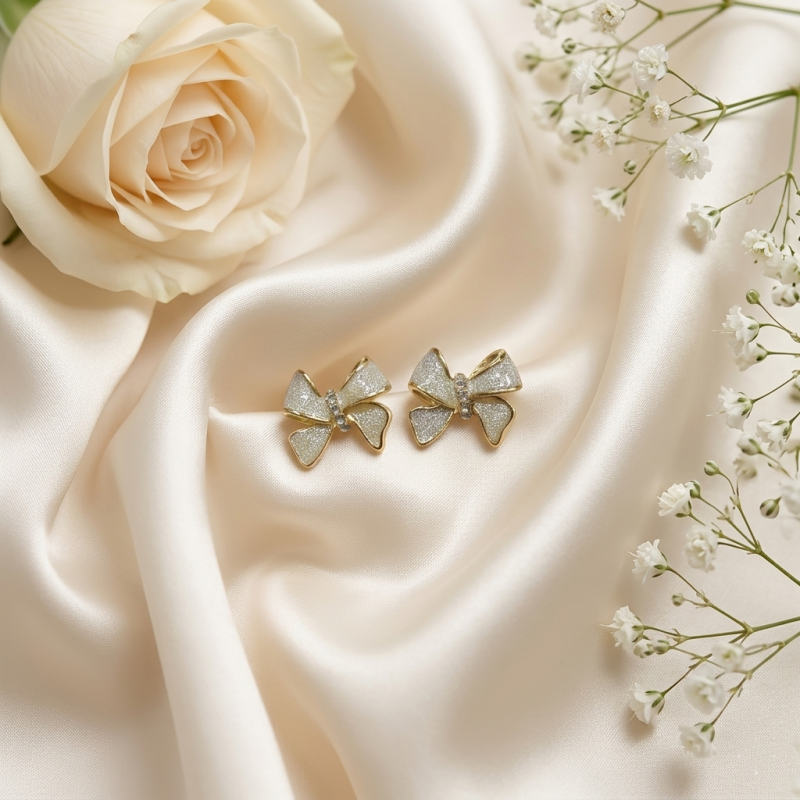 Glittering Gold Enamel Bow Stud Earrings