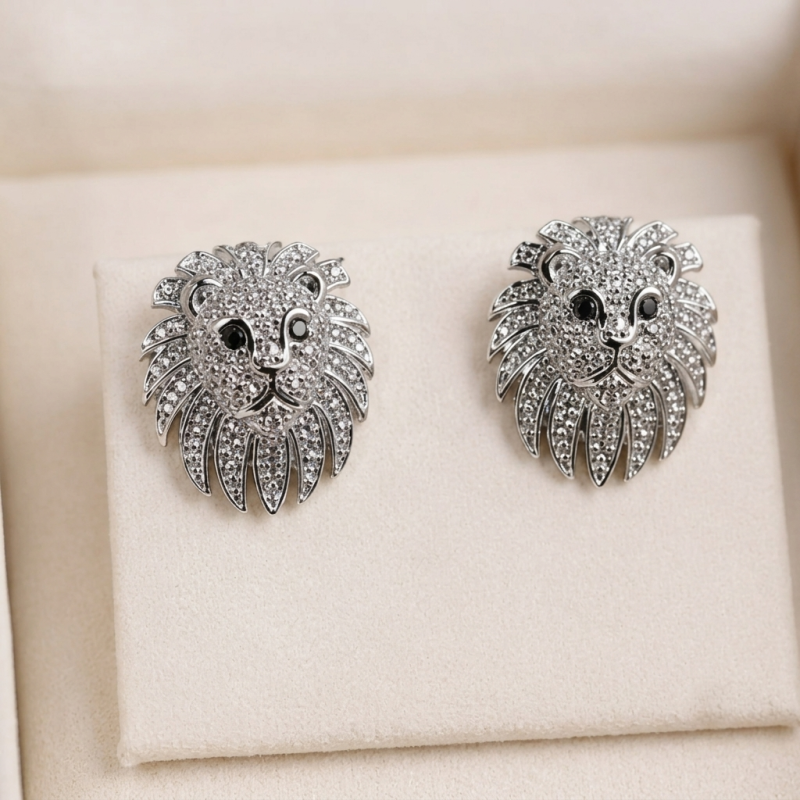Fierce Sparkling Lion Head Studs