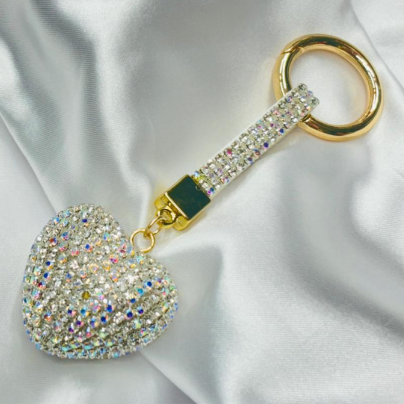 Heart Shaped Keychain Rhinestone and Gold Tone Clasp (White)